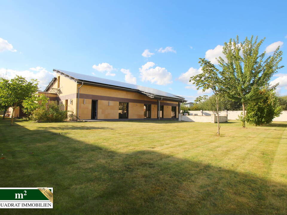 Panorama-Gartenblick auf Villa mit 89 kWp PV-Anlage