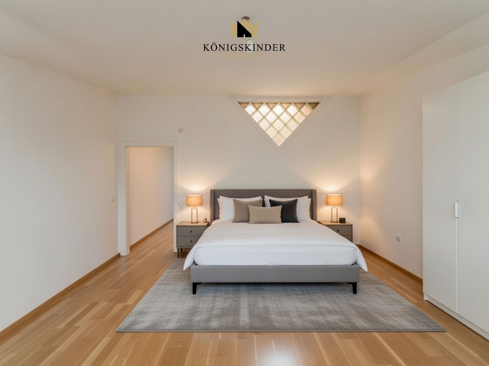 Die dargestellte Einrichtung des Schlafzimmers ist eine Visualisierung. 