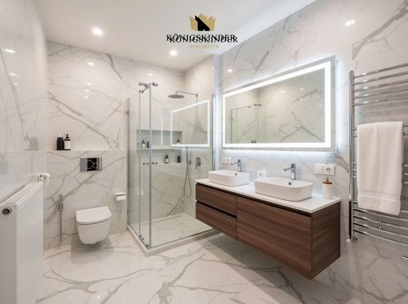 Die Abbildung zeigt eine mögliche Gestaltung des Badezimmers als Visualisierung.