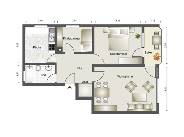 Durchdachter Grundriss einer 3-Zimmer-Wohnung – ideal für Paare oder als Kapitalanlage.