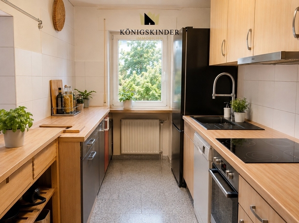 Helle Küche mit Fenster und praktischer Raumaufteilung.