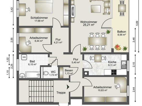 Durchdachter Grundriss mit großzügigem Wohnbereich, drei weiteren Zimmern, Balkon sowie separatem Bad und WC.